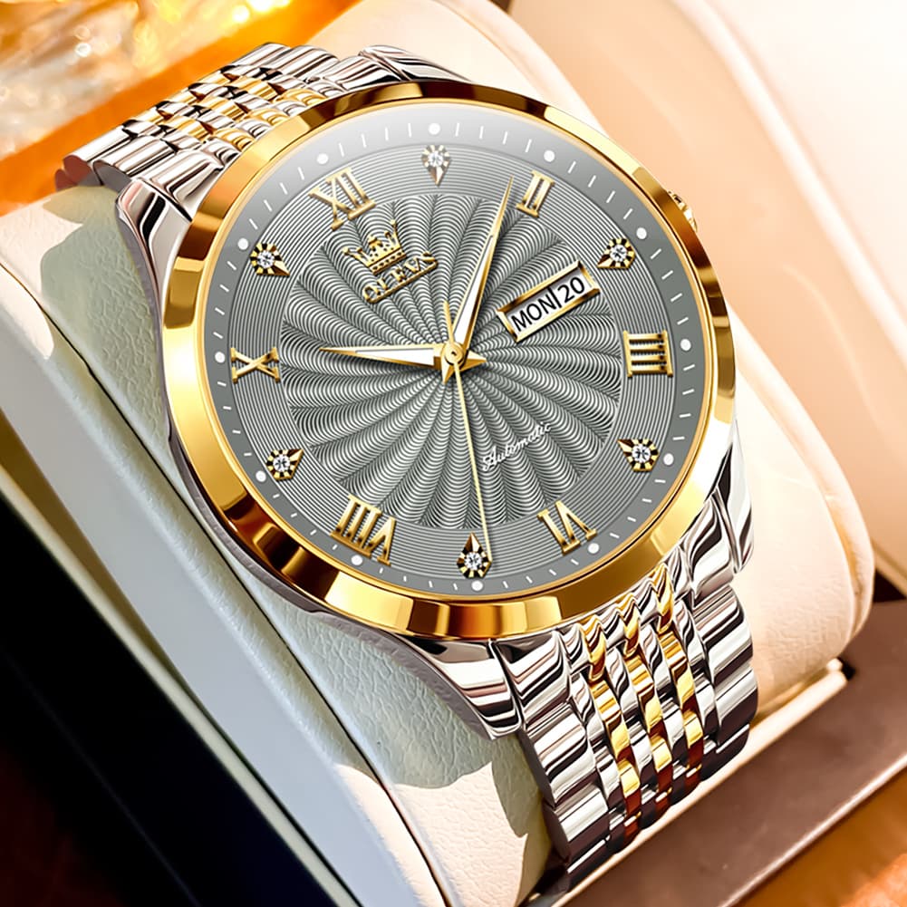 OLEVS 6630 Sunburst Dial Mechanical Watch for Men - Two Tone Gray Watch | Olevs Watch Store