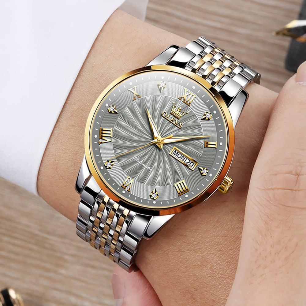 OLEVS 6630 Sunburst Dial Mechanical Watch for Men - Two Tone Gray Watch | Olevs Watch Store