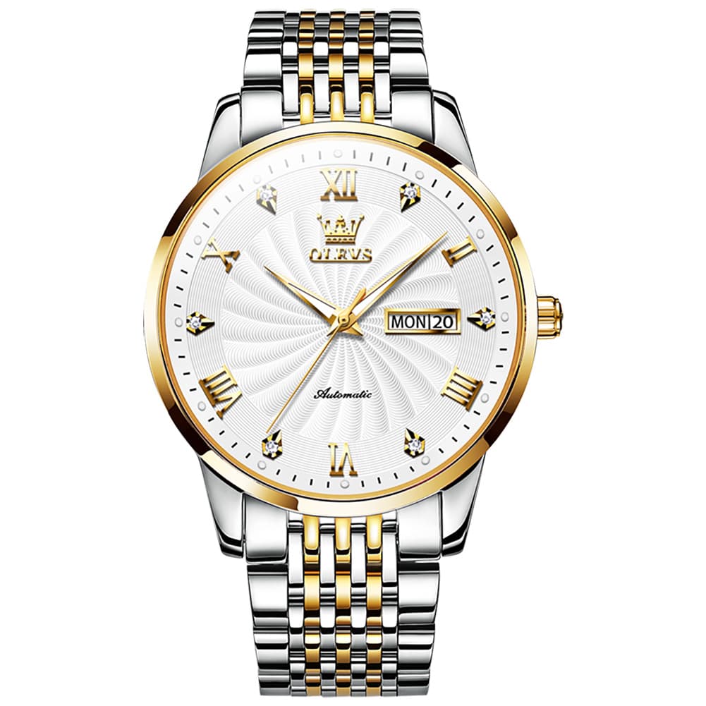 OLEVS 6630 Sunburst Dial Mechanical Watch for Men - Two Tone White Watch | Olevs Watch Store