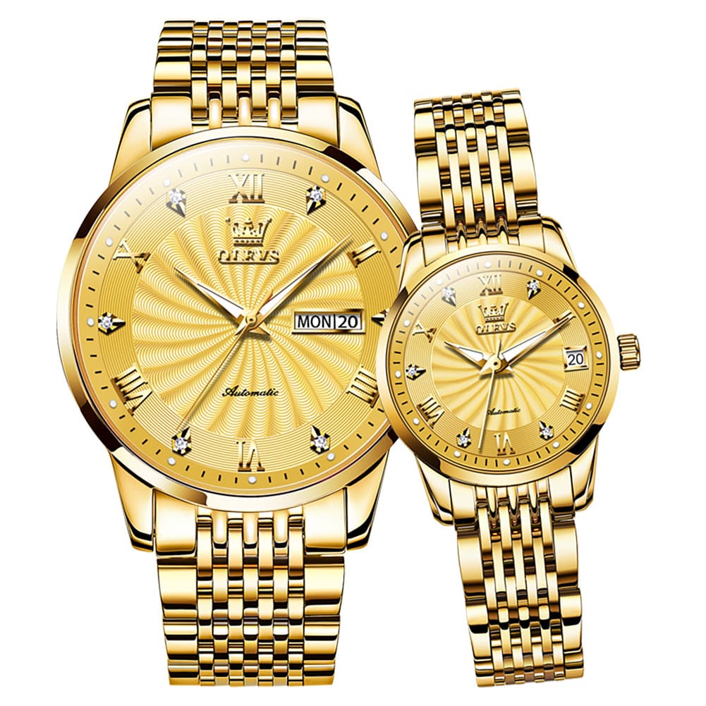 OLEVS 6630 Sunburst Mechanical Couple Watches Set - All Gold Watch | Olevs Watch Store