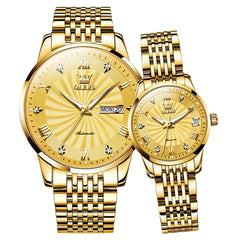 OLEVS 6630 Sunburst Mechanical Couple Watches Set - All Gold Watch | Olevs Watch Store