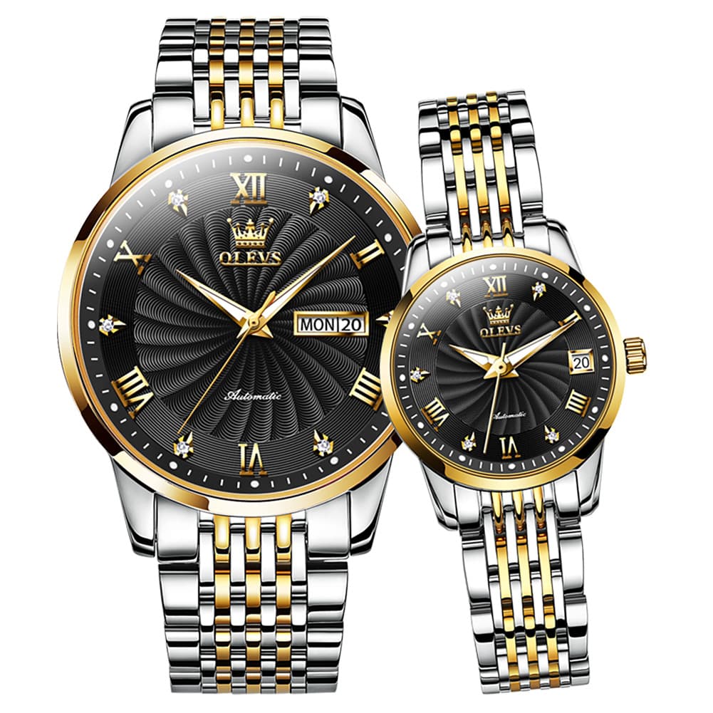 OLEVS 6630 Sunburst Mechanical Couple Watches Set - Two Tone Black Watch | Olevs Watch Store
