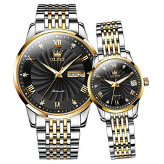 OLEVS 6630 Sunburst Mechanical Couple Watches Set - Two Tone Black Watch | Olevs Watch Store