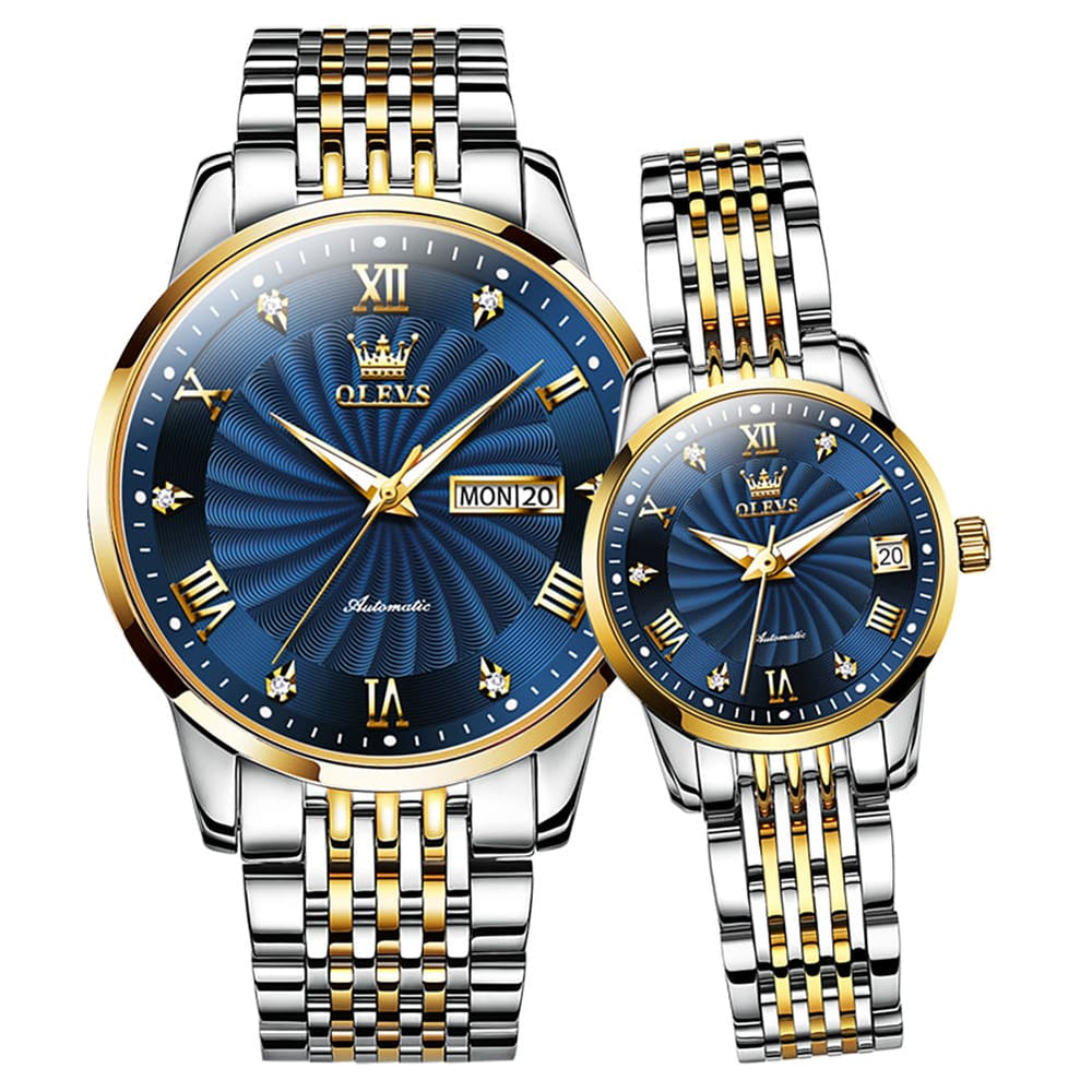 OLEVS 6630 Sunburst Mechanical Couple Watches Set - Two Tone Blue Watch | Olevs Watch Store
