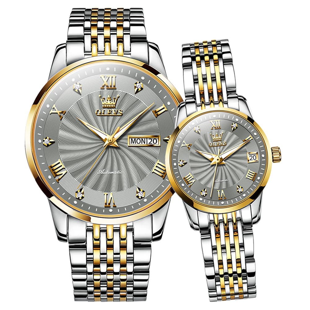 OLEVS 6630 Sunburst Mechanical Couple Watches Set - Two Tone Gray Watch | Olevs Watch Store
