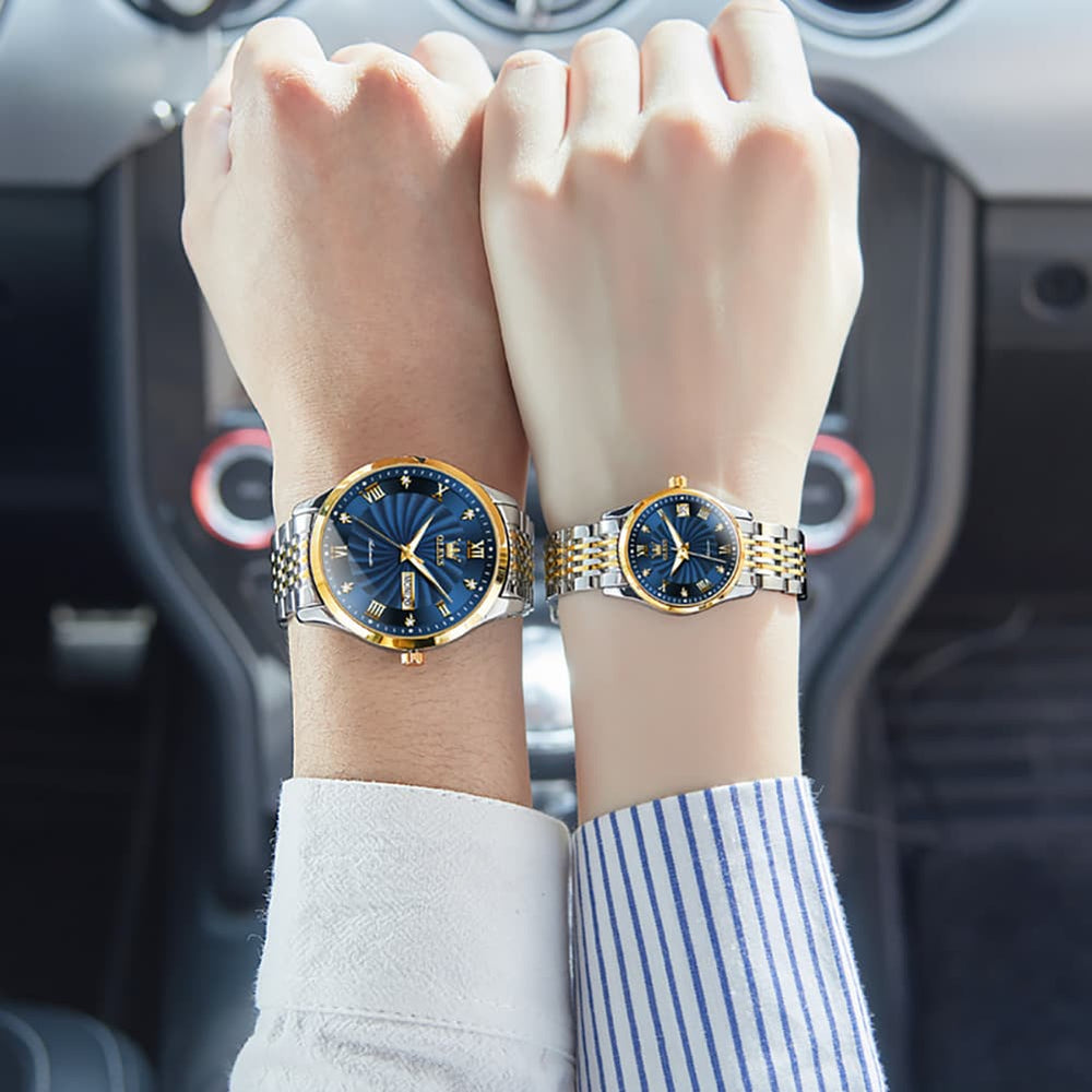 OLEVS 6630 Sunburst Mechanical Couple Watches Set - Two Tone White Watch | Olevs Watch Store