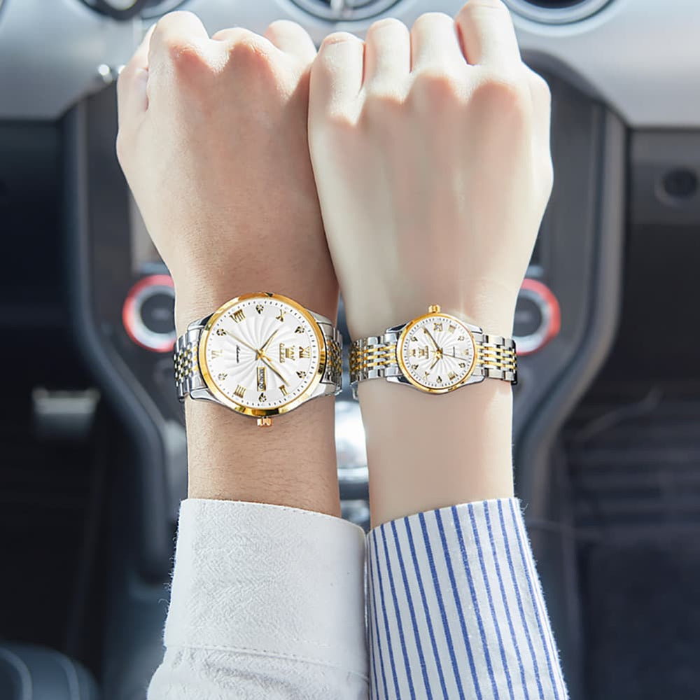 OLEVS 6630 Sunburst Mechanical Couple Watches Set - Two Tone White Watch | Olevs Watch Store