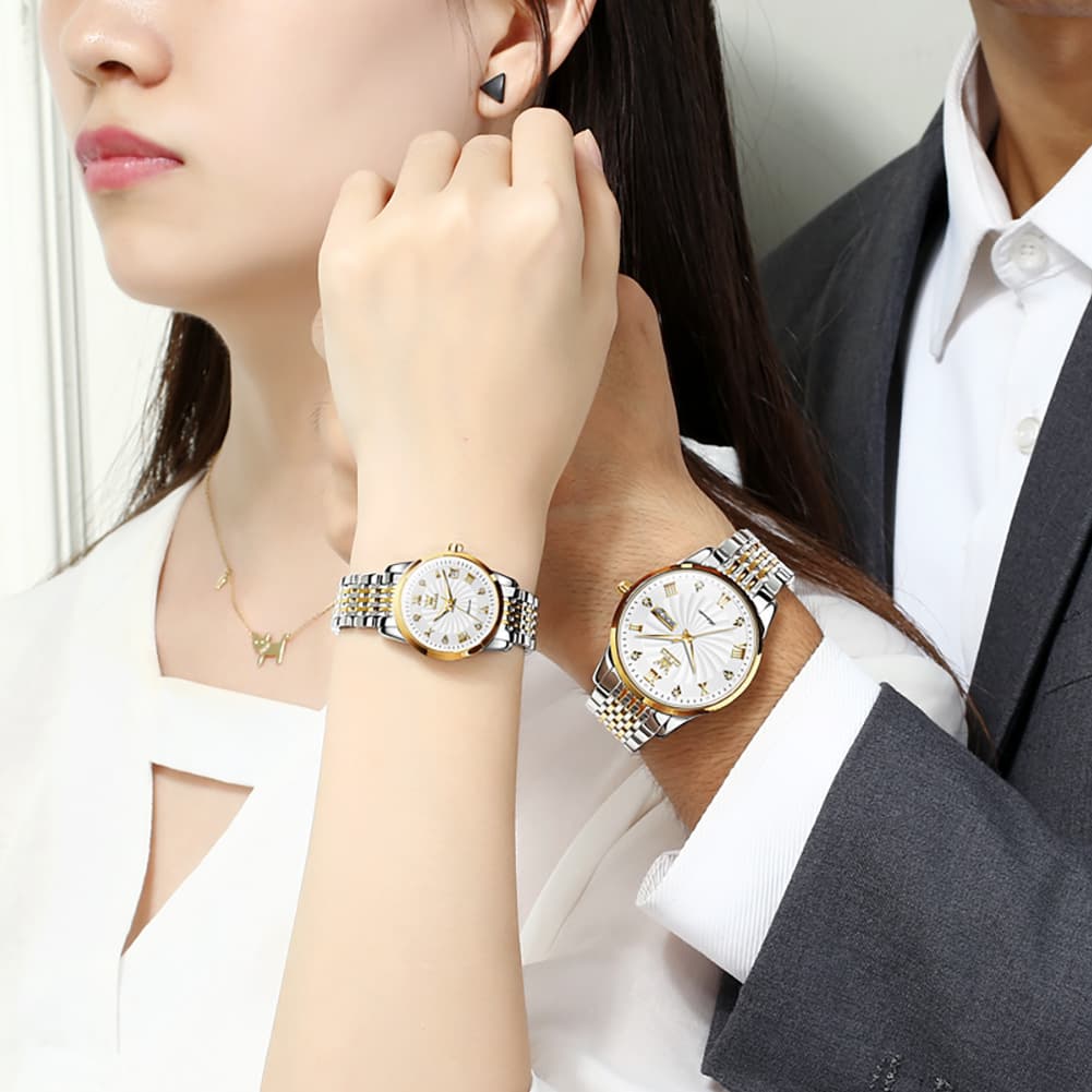 OLEVS 6630 Sunburst Mechanical Couple Watches Set - Two Tone White Watch | Olevs Watch Store