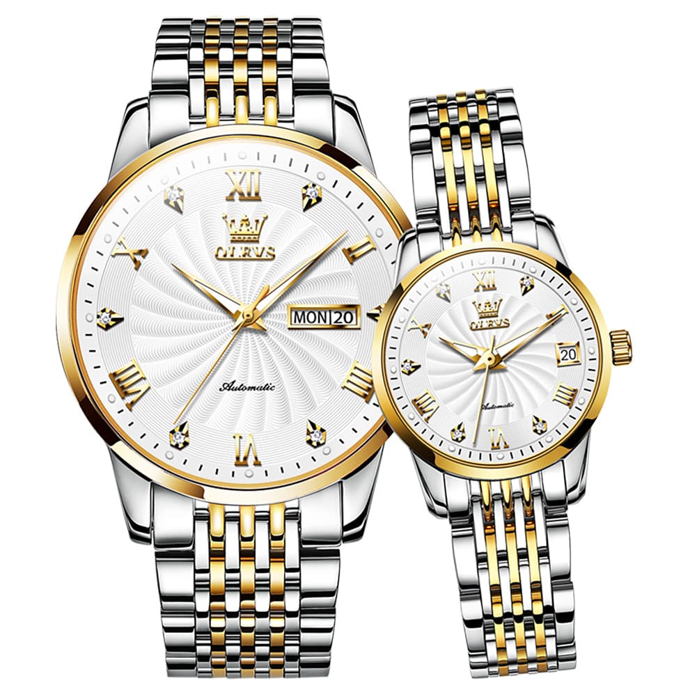 OLEVS 6630 Sunburst Mechanical Couple Watches Set - Two Tone White Watch | Olevs Watch Store