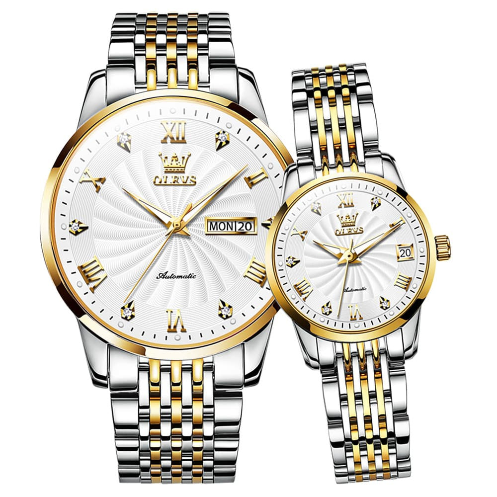OLEVS 6630 Sunburst Mechanical Couple Watches Set - Two Tone White Watch | Olevs Watch Store
