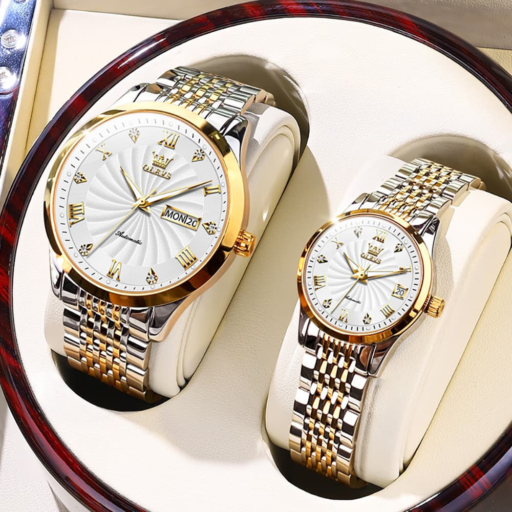 OLEVS 6630 Sunburst Mechanical Couple Watches Set - Two Tone White Watch | Olevs Watch Store