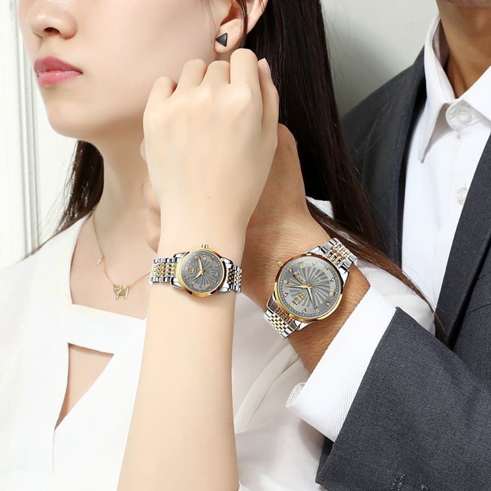 OLEVS 6630 Sunburst Mechanical Couple Watches Set - Two Tone White Watch | Olevs Watch Store
