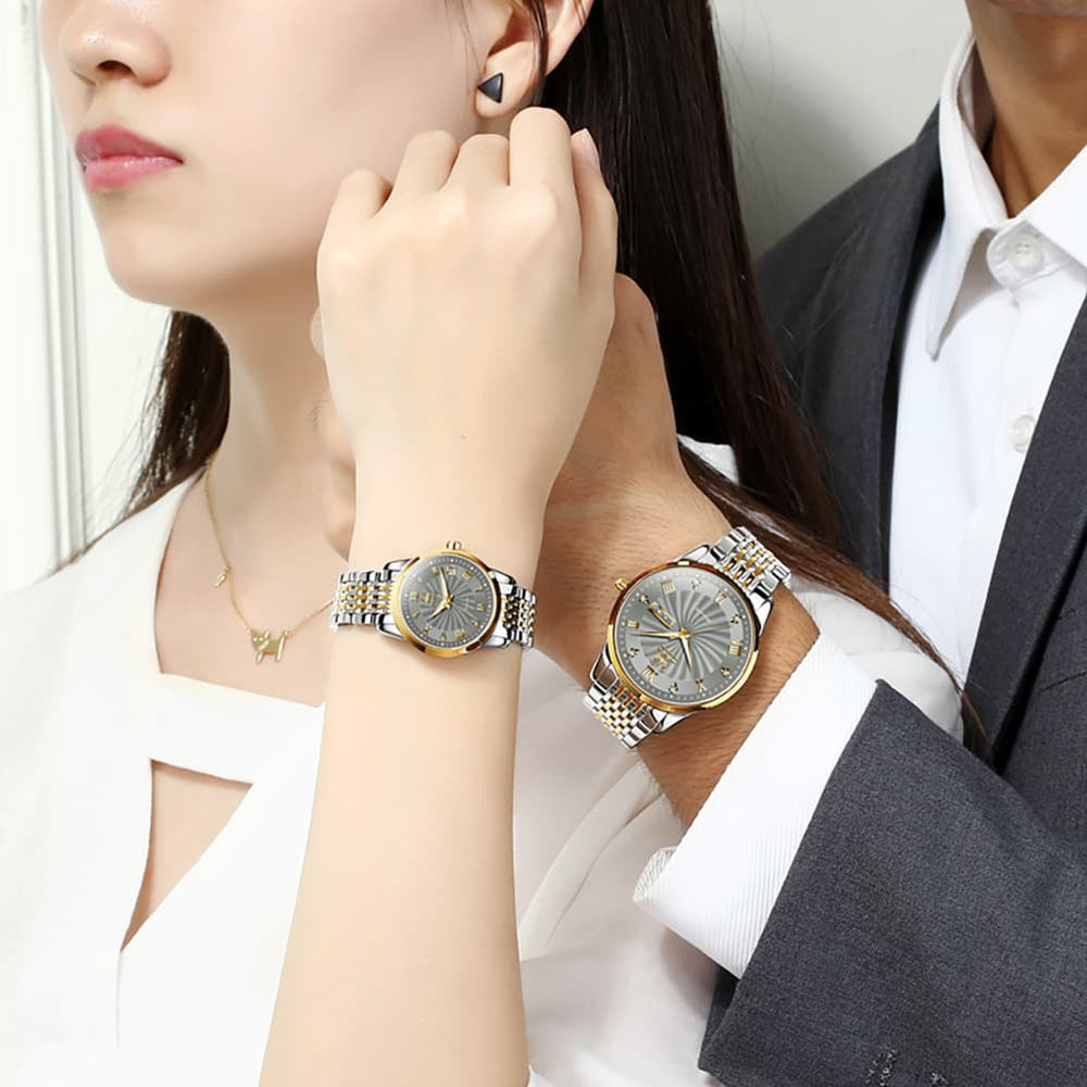 OLEVS 6630 Sunburst Mechanical Couple Watches Set - Two Tone White Watch | Olevs Watch Store