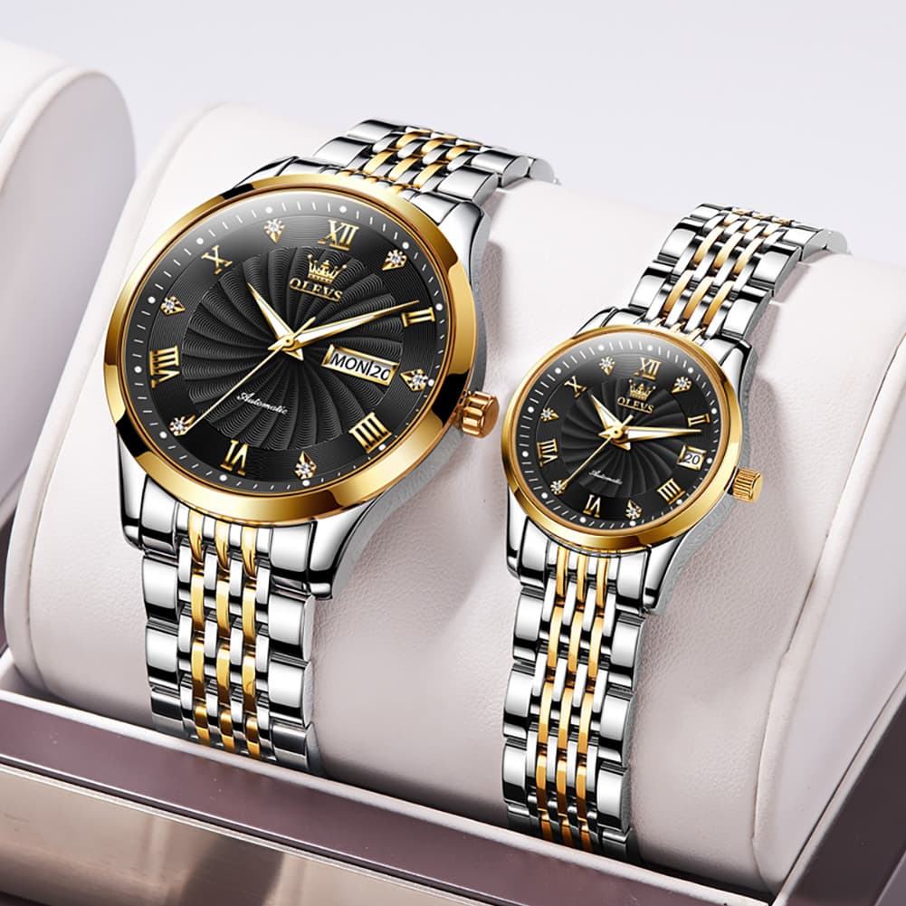 OLEVS 6630 Sunburst Mechanical Couple Watches Set - Two Tone White Watch | Olevs Watch Store