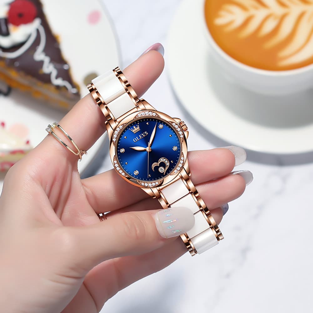 OLEVS 6631 Ceramic Mechanical Skeleton Watch for Women - White Watch | Olevs Watch Store