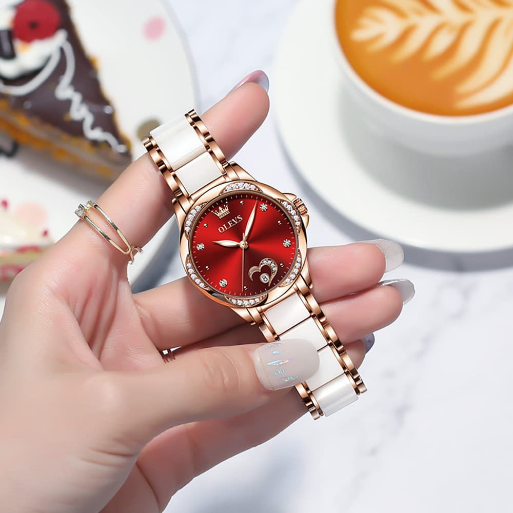 OLEVS 6631 Ceramic Mechanical Skeleton Watch for Women - White Watch | Olevs Watch Store