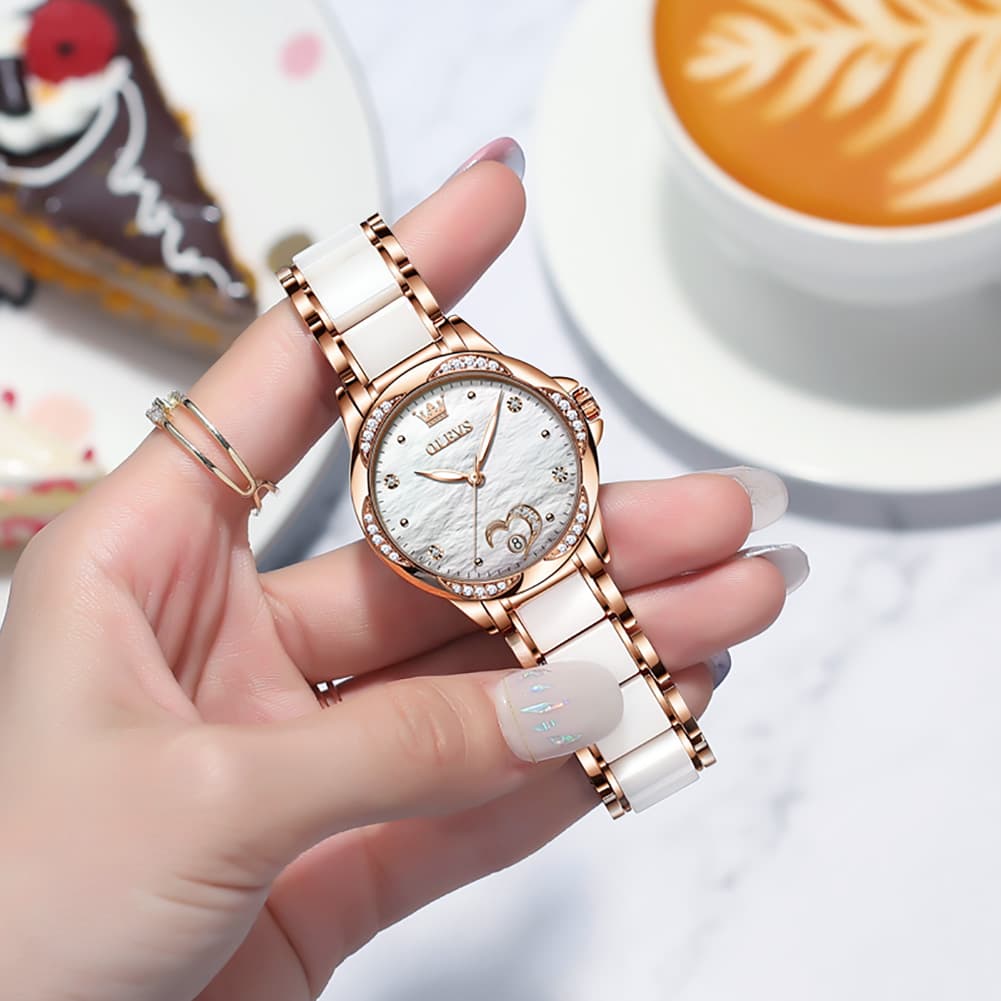 OLEVS 6631 Ceramic Mechanical Skeleton Watch for Women - White Watch | Olevs Watch Store