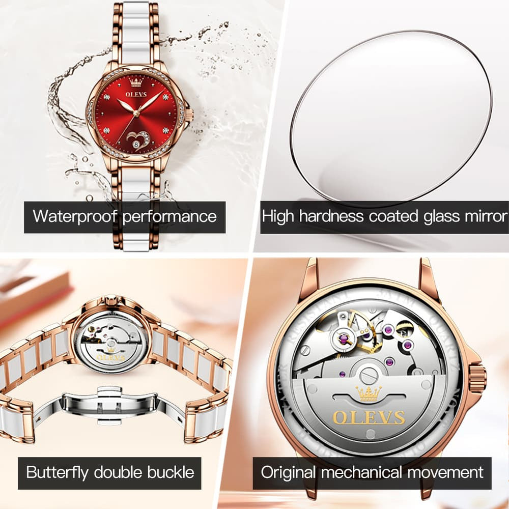 OLEVS 6631 Ceramic Mechanical Skeleton Watch for Women - White Watch | Olevs Watch Store