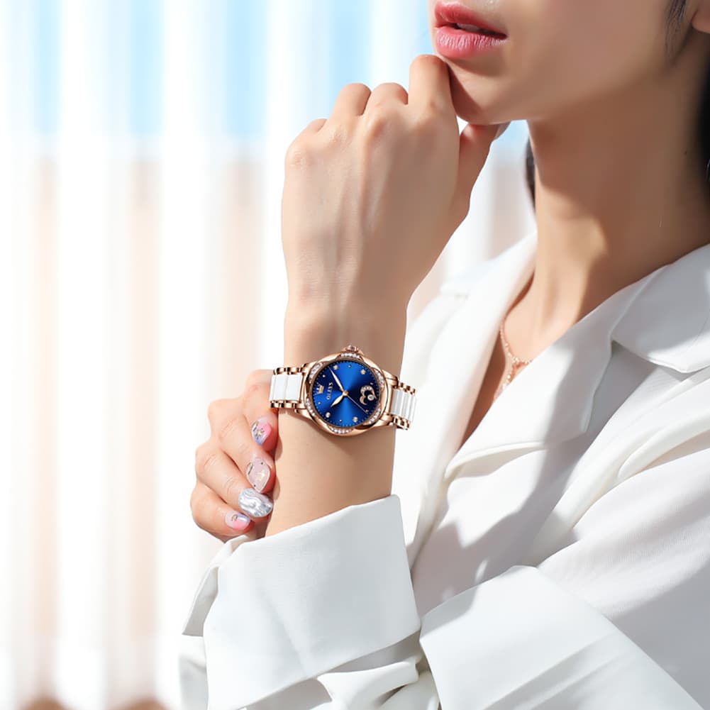 OLEVS 6631 Ceramic Mechanical Skeleton Watch for Women - White Watch | Olevs Watch Store