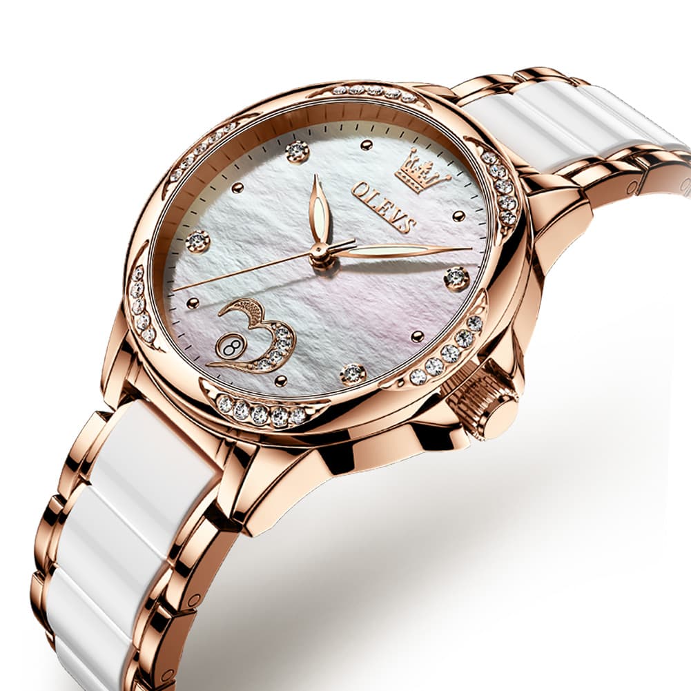 OLEVS 6631 Ceramic Mechanical Skeleton Watch for Women - White Watch | Olevs Watch Store