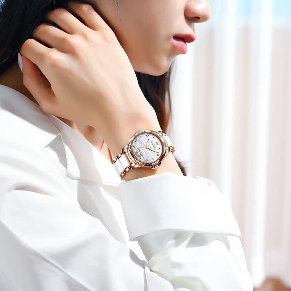 OLEVS 6631 Ceramic Mechanical Skeleton Watch for Women - White Watch | Olevs Watch Store