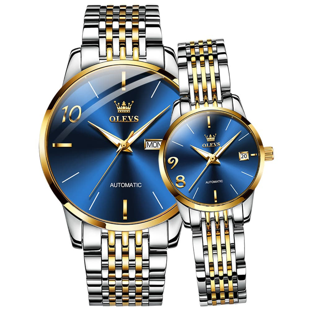 OLEVS 6632 Stainless Steel Automatic Mechanical Couple Watches - Gold Blue Watch | Olevs Watch Store