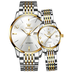 OLEVS 6632 Stainless Steel Automatic Mechanical Couple Watches - Gold White Watch | Olevs Watch Store