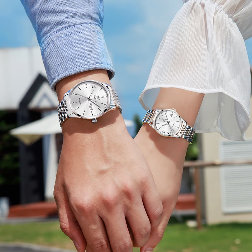OLEVS 6632 Stainless Steel Automatic Mechanical Couple Watches - Silver White Watch | Olevs Watch Store