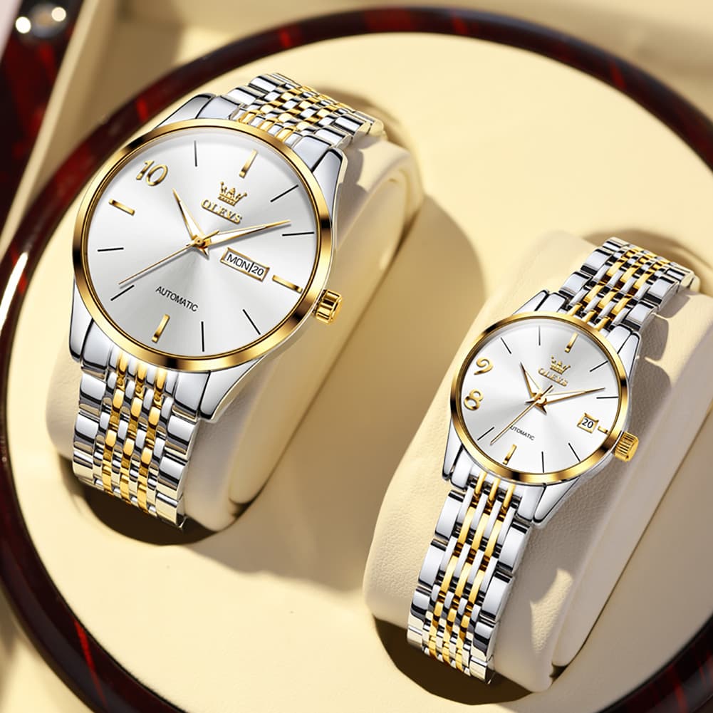 OLEVS 6632 Stainless Steel Automatic Mechanical Couple Watches - Silver White Watch | Olevs Watch Store