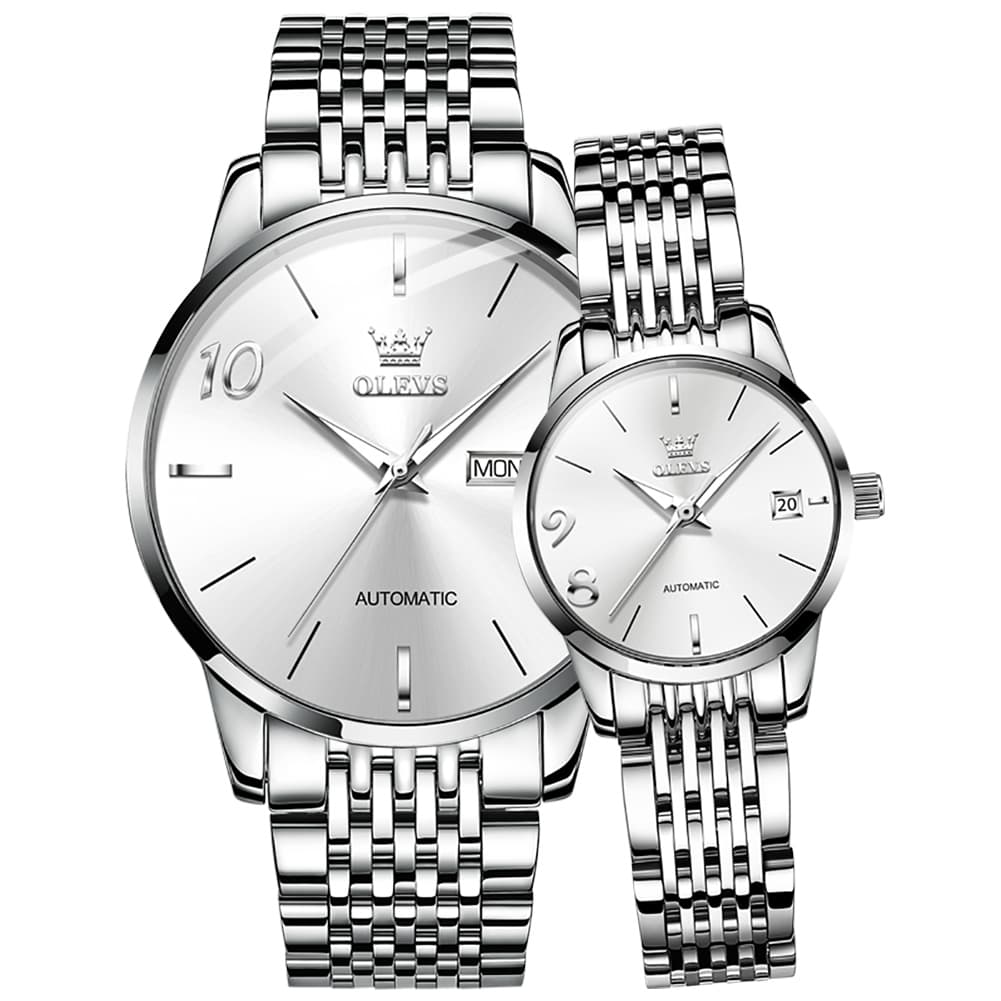 OLEVS 6632 Stainless Steel Automatic Mechanical Couple Watches - Silver White Watch | Olevs Watch Store