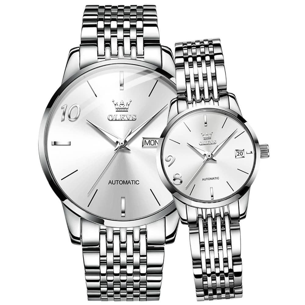 OLEVS 6632 Stainless Steel Automatic Mechanical Couple Watches - Silver White Watch | Olevs Watch Store