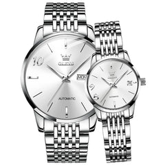 OLEVS 6632 Stainless Steel Automatic Mechanical Couple Watches - Silver White Watch | Olevs Watch Store