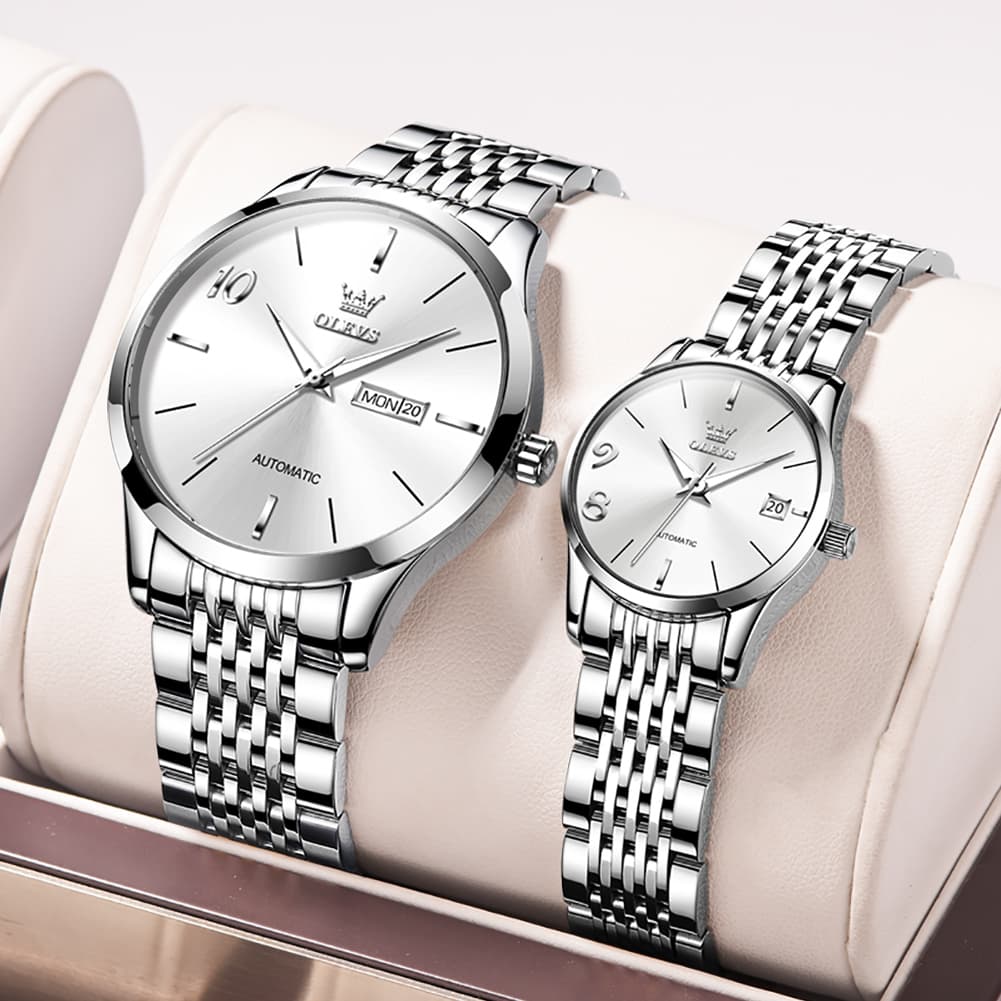 OLEVS 6632 Stainless Steel Automatic Mechanical Couple Watches - Silver White Watch | Olevs Watch Store