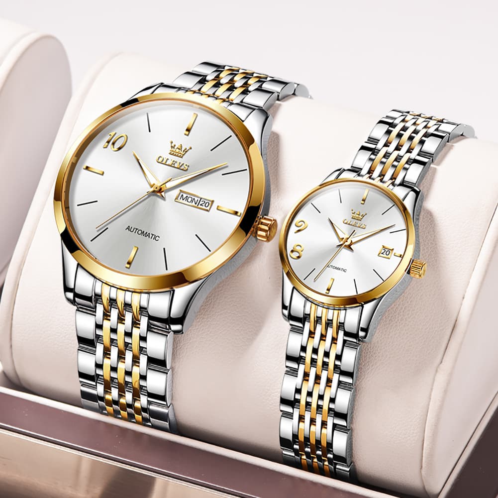 OLEVS 6632 Stainless Steel Automatic Mechanical Couple Watches - Silver White Watch | Olevs Watch Store