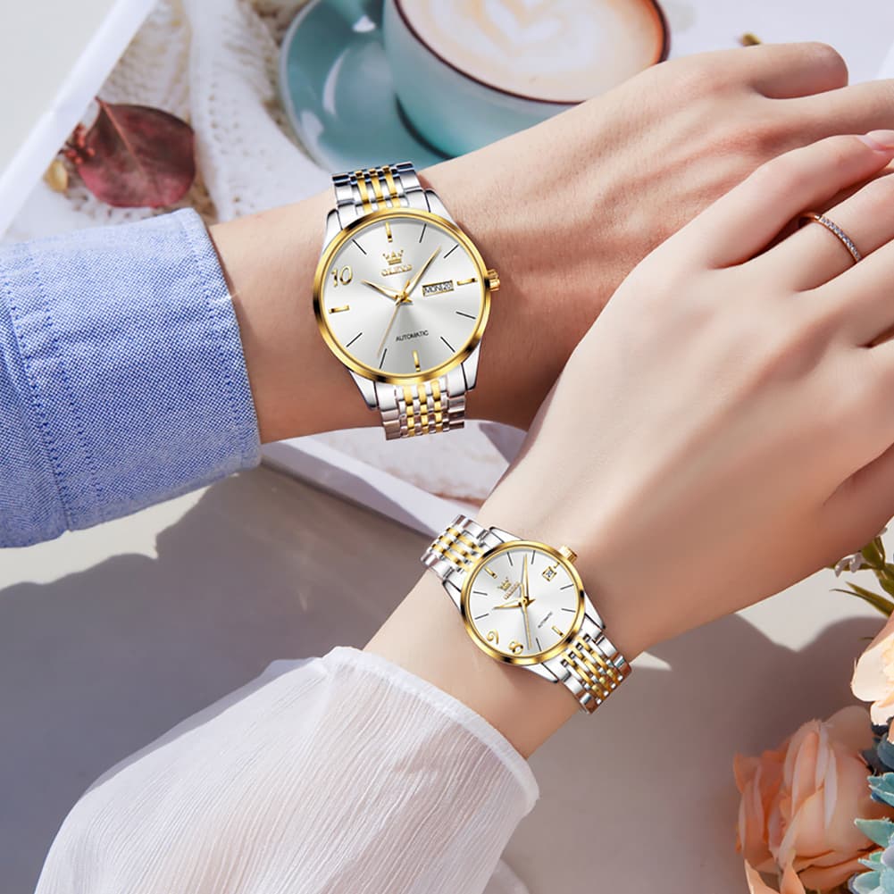 OLEVS 6632 Stainless Steel Automatic Mechanical Couple Watches - Silver White Watch | Olevs Watch Store