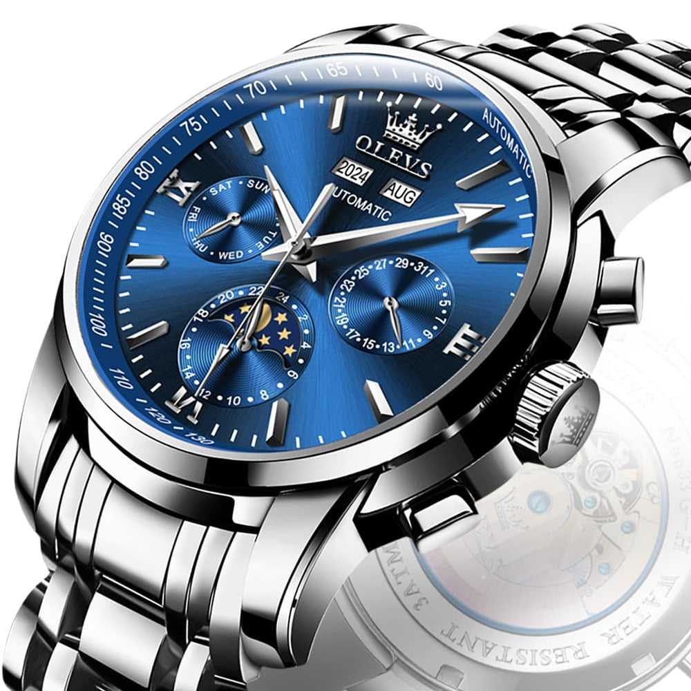 OLEVS 6633 Stainless Steel Mechanical Moon Phase Watch for Men - All Black Watch | Olevs Watch Store