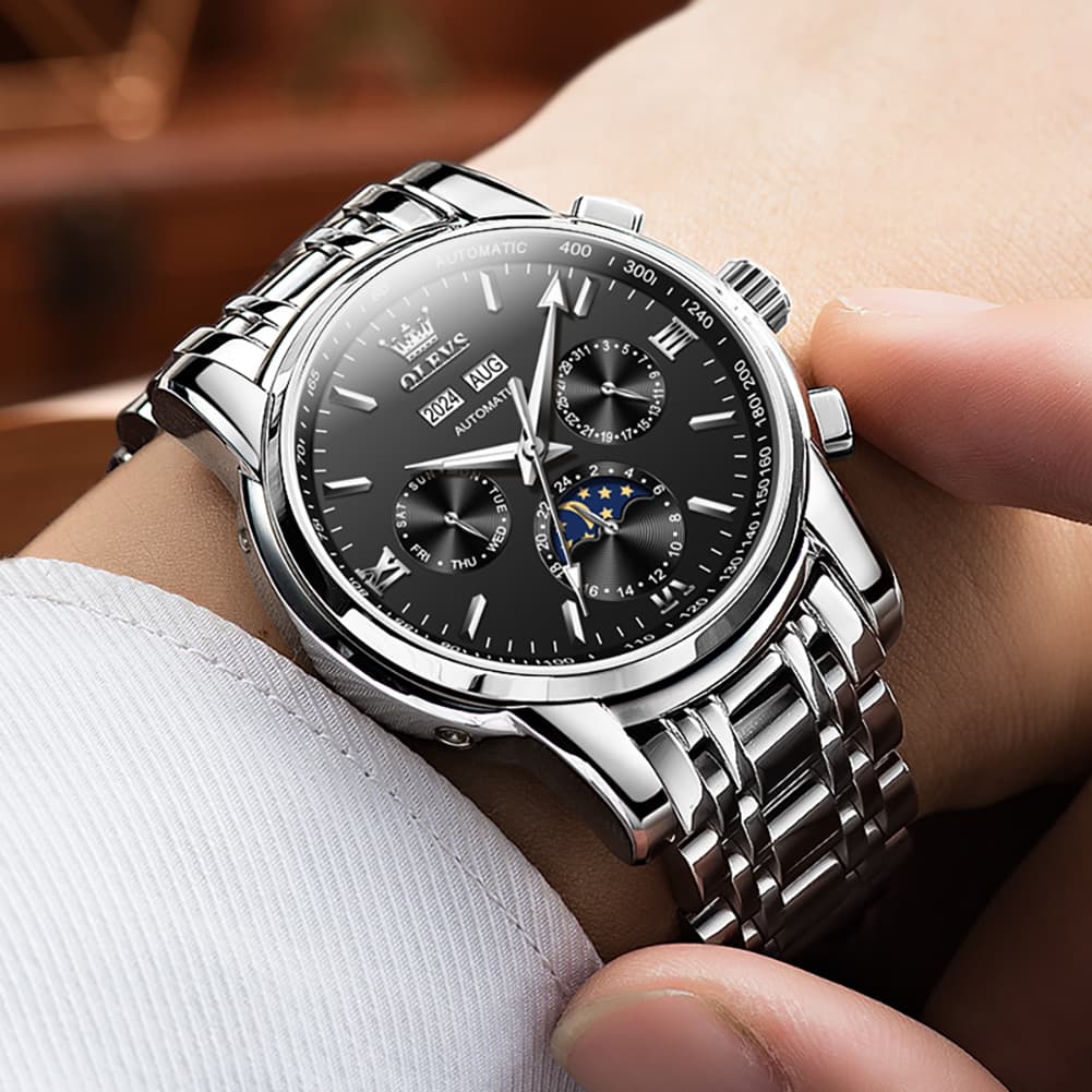 OLEVS 6633 Stainless Steel Mechanical Moon Phase Watch for Men - All Black Watch | Olevs Watch Store