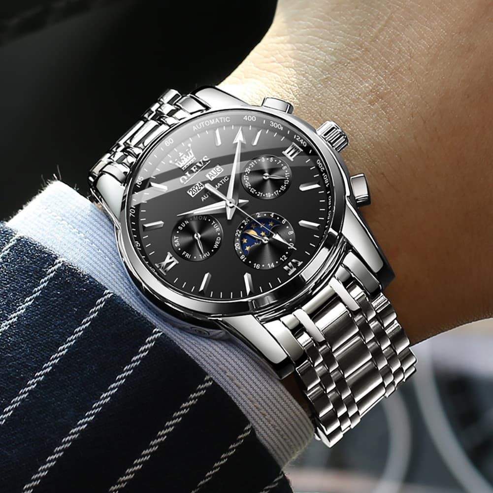 OLEVS 6633 Stainless Steel Mechanical Moon Phase Watch for Men - All Black Watch | Olevs Watch Store