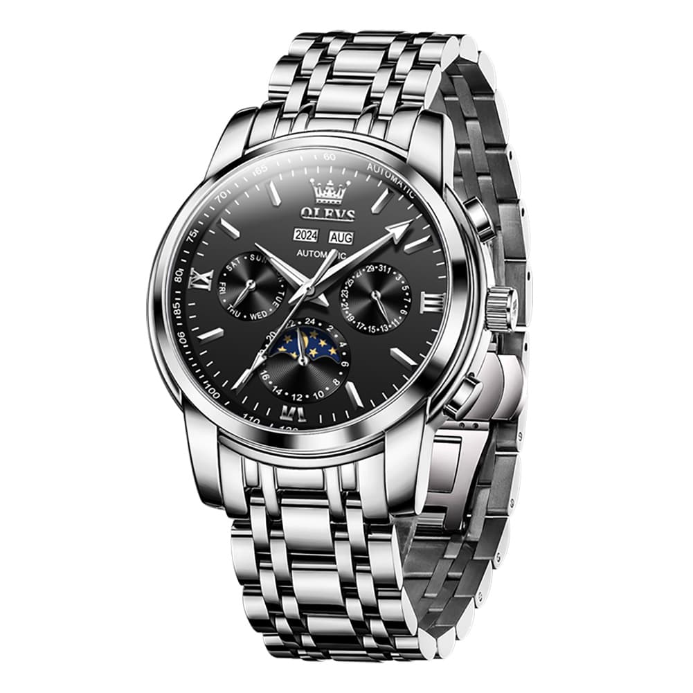 OLEVS 6633 Stainless Steel Mechanical Moon Phase Watch for Men - All Black Watch | Olevs Watch Store