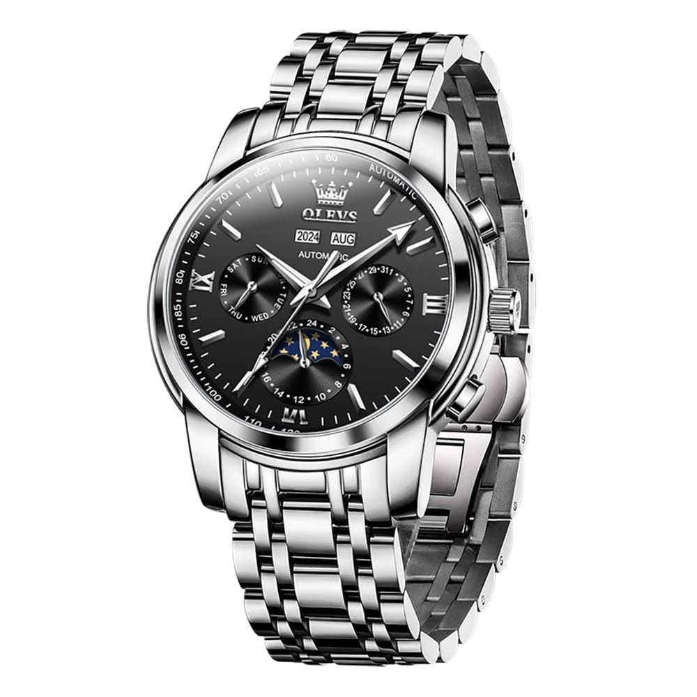 OLEVS 6633 Stainless Steel Mechanical Moon Phase Watch for Men - All Black Watch | Olevs Watch Store