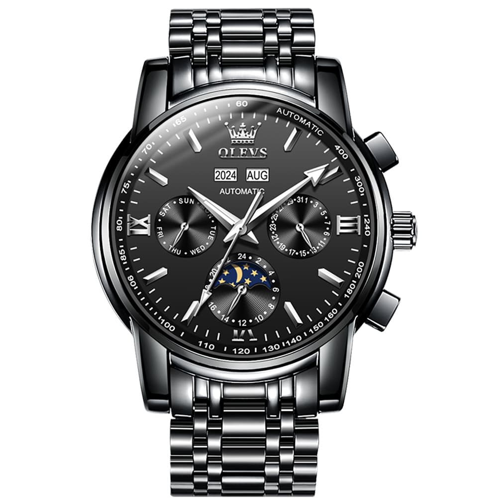 OLEVS 6633 Stainless Steel Mechanical Moon Phase Watch for Men - All Black Watch | Olevs Watch Store