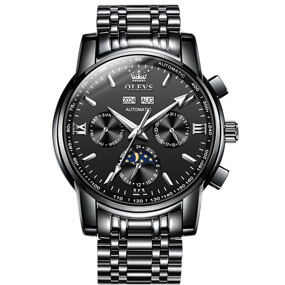 OLEVS 6633 Stainless Steel Mechanical Moon Phase Watch for Men - All Black Watch | Olevs Watch Store