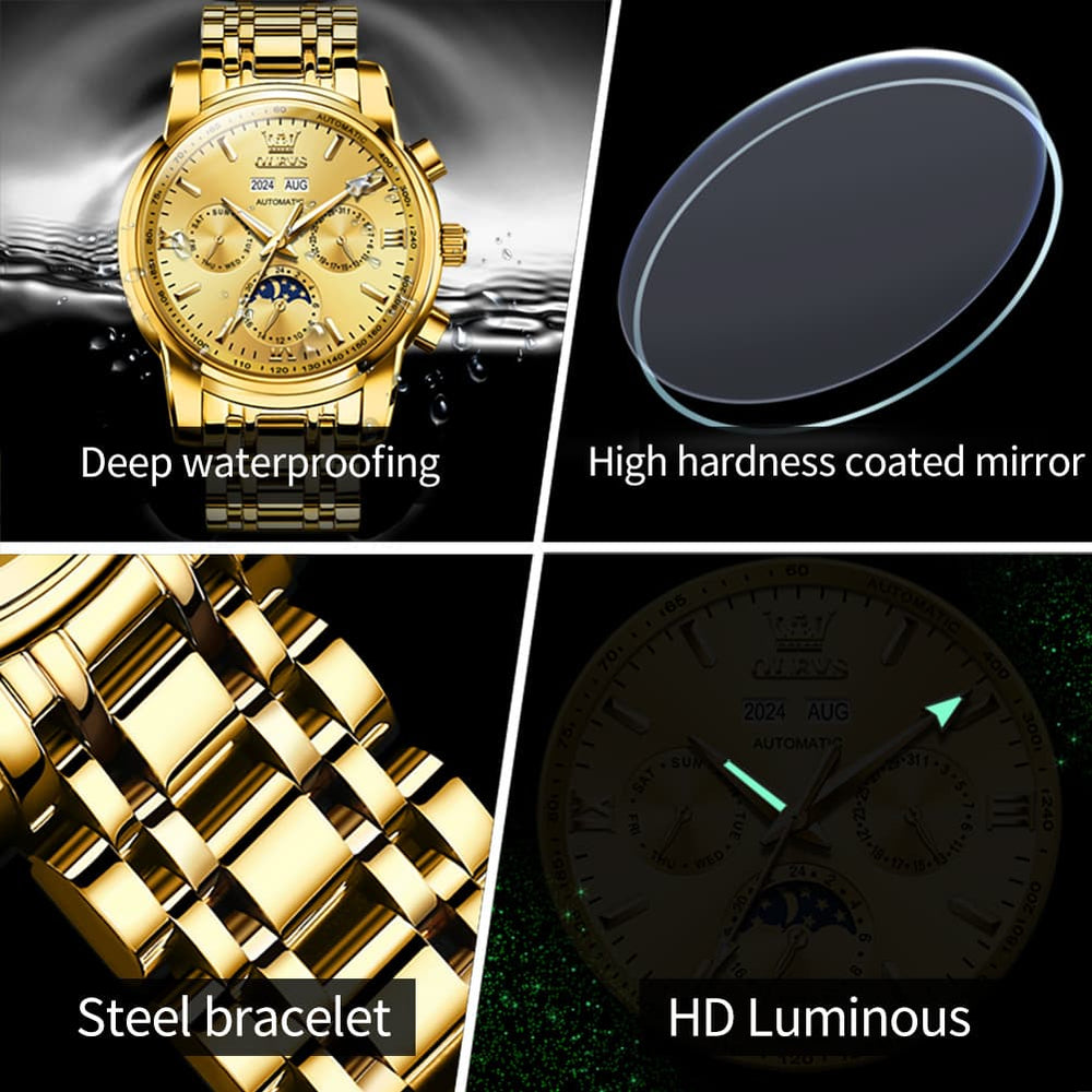 OLEVS 6633 Stainless Steel Mechanical Moon Phase Watch for Men - All Black Watch | Olevs Watch Store