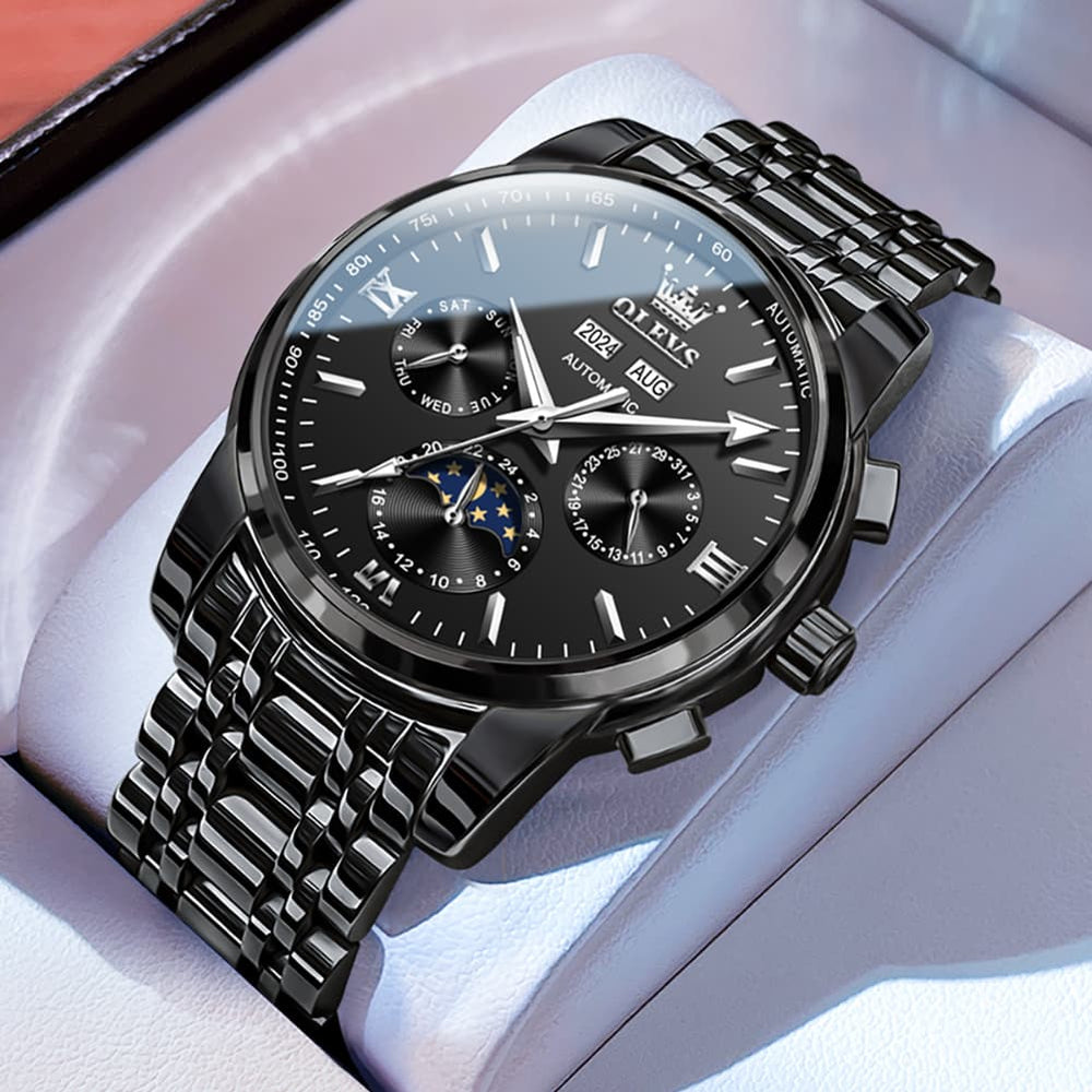 OLEVS 6633 Stainless Steel Mechanical Moon Phase Watch for Men - All Black Watch | Olevs Watch Store