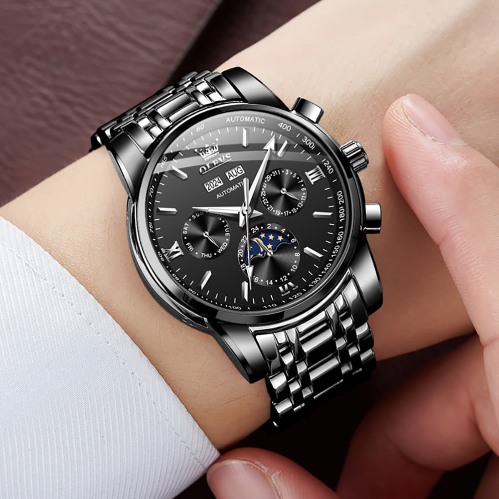 OLEVS 6633 Stainless Steel Mechanical Moon Phase Watch for Men - All Black Watch | Olevs Watch Store