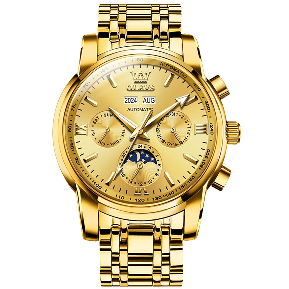 OLEVS 6633 Stainless Steel Mechanical Moon Phase Watch for Men - All Gold Watch | Olevs Watch Store