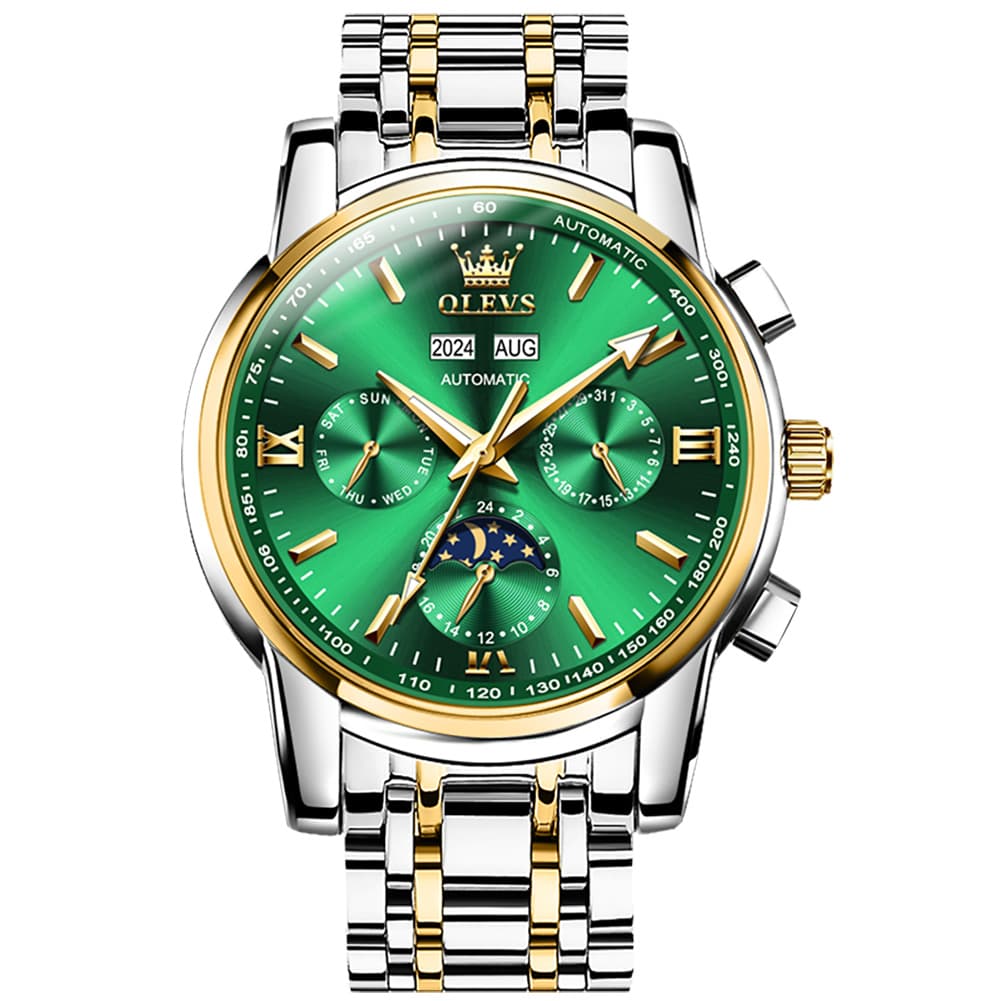 OLEVS 6633 Stainless Steel Mechanical Moon Phase Watch for Men - Gold Green Watch | Olevs Watch Store