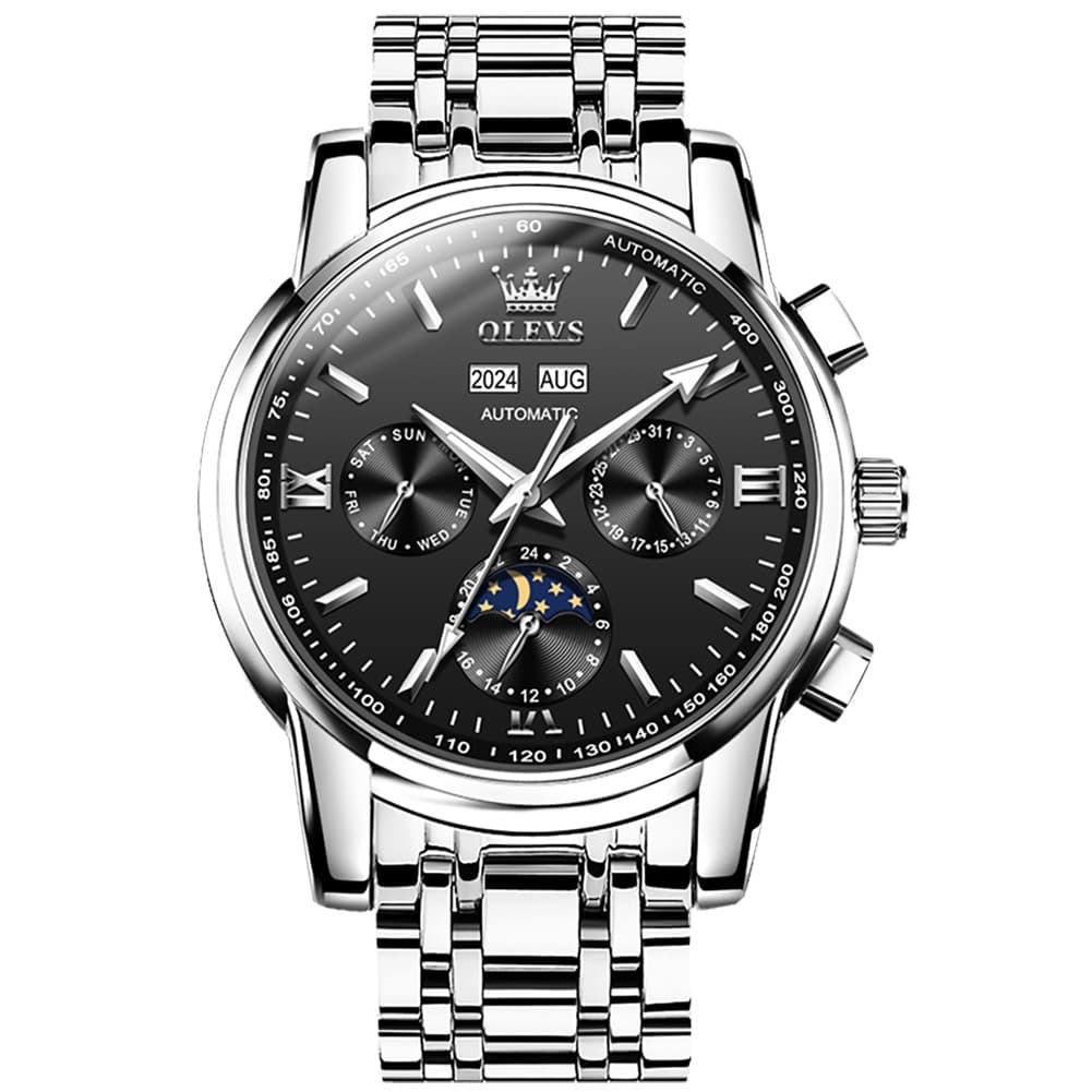OLEVS 6633 Stainless Steel Mechanical Moon Phase Watch for Men - Silver Black Watch | Olevs Watch Store