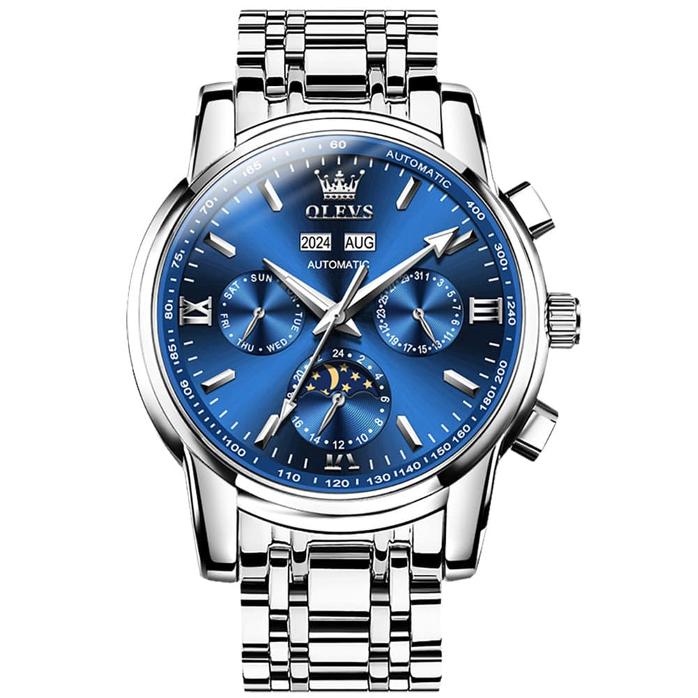 OLEVS 6633 Stainless Steel Mechanical Moon Phase Watch for Men - Silver Blue Watch | Olevs Watch Store