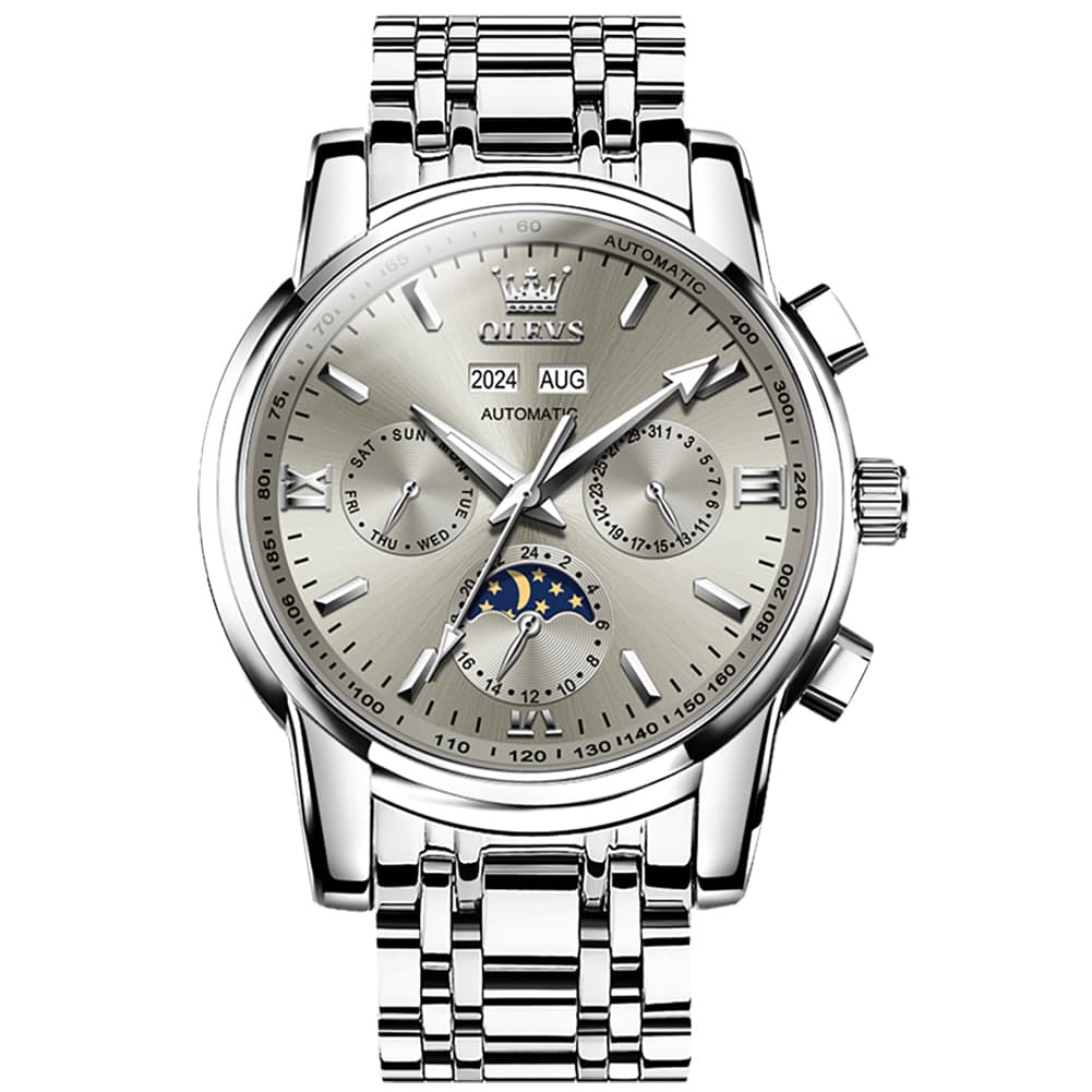 OLEVS 6633 Stainless Steel Mechanical Moon Phase Watch for Men - Silver Grey Watch | Olevs Watch Store
